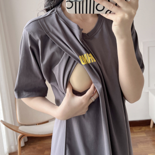 纯棉产后月子服喂奶期睡衣哺乳衣短袖 哺乳睡裙夏季 孕妇连衣裙长款