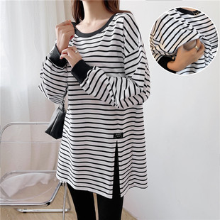 产后哺乳上衣纯棉秋装中长款条纹开叉卫衣宽松休闲外出喂奶期衣服