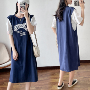 哺乳衣外出辣妈款夏季孕妇连衣裙睡衣薄款假两件T恤喂奶衣月子服