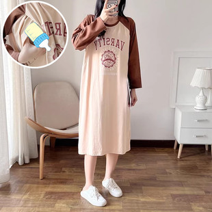 哺乳睡裙秋季 月子服喂奶衣辣妈春秋纯棉T恤裙 外出连衣裙产后长袖