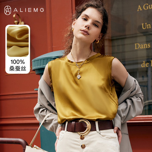 100%桑蚕丝圆领无袖背心小衫