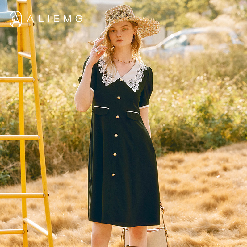 夏季新款法式黑色真丝连衣裙女小众设计感高腰宽松显瘦中长款裙子