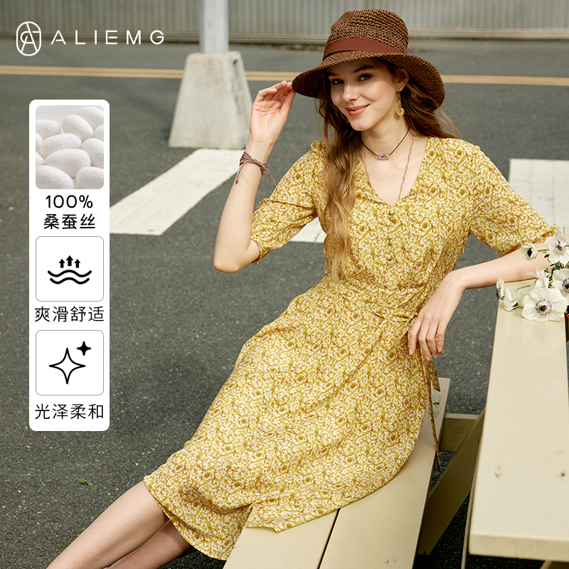 摩登经典100%桑蚕丝高腰连衣裙