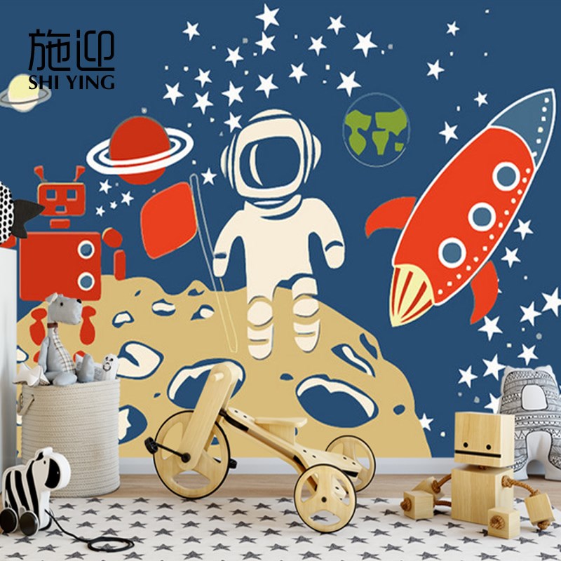 新品卡通3d太空宇航员壁画幼儿园壁纸男孩儿童房卧室宇宙墙纸墙布