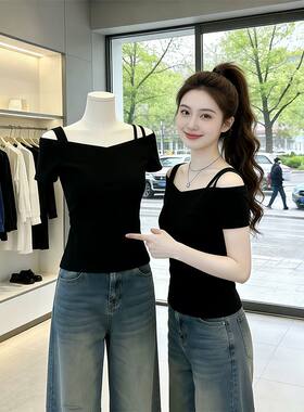 黑色一字肩露肩短袖显瘦T恤女