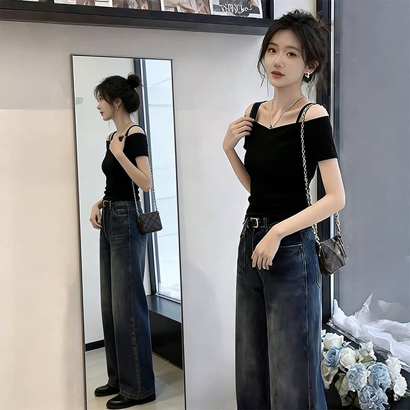 夏季纯欲风一字领修身显瘦T恤女
