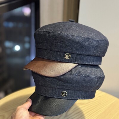 高级感英伦风牛仔报童帽复古皮檐拼接贝雷帽气质百搭平顶八角帽女