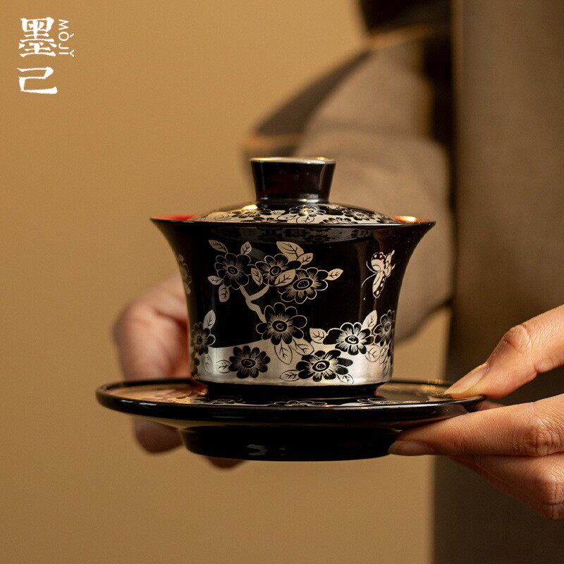 墨己银纹黑色釉陶瓷三才盖碗功夫茶具家用蝶恋花敬茶碗陶瓷茶碗