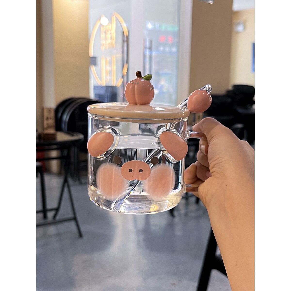 可爱喝水杯女耐高温平底高颜值玻璃马克杯家用微波炉加热杯子带盖