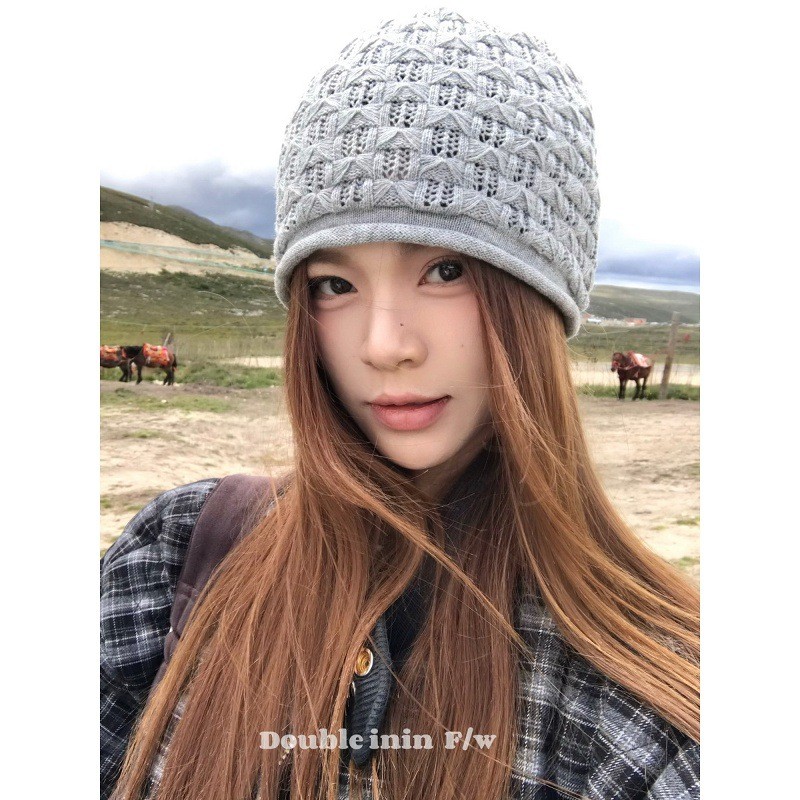 Double inin 卷边韩系镂空包头帽女堆堆冷帽显脸小针织毛线帽图片