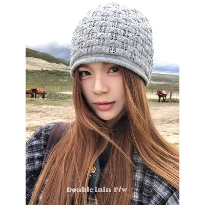Double inin 卷边韩系镂空包头帽女堆堆冷帽显脸小针织毛线帽
