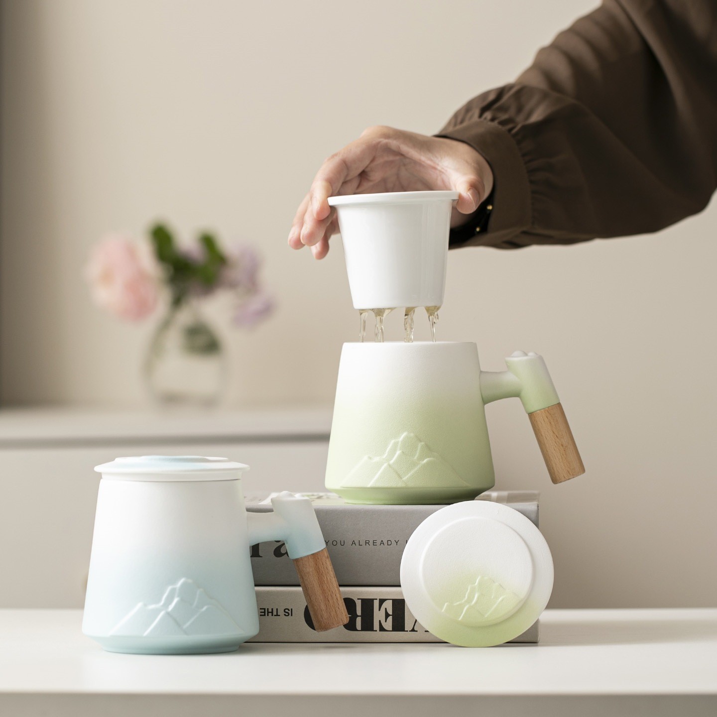 陶瓷马克杯带盖过滤大容量泡茶杯茶水分离办公杯个人专用水杯定