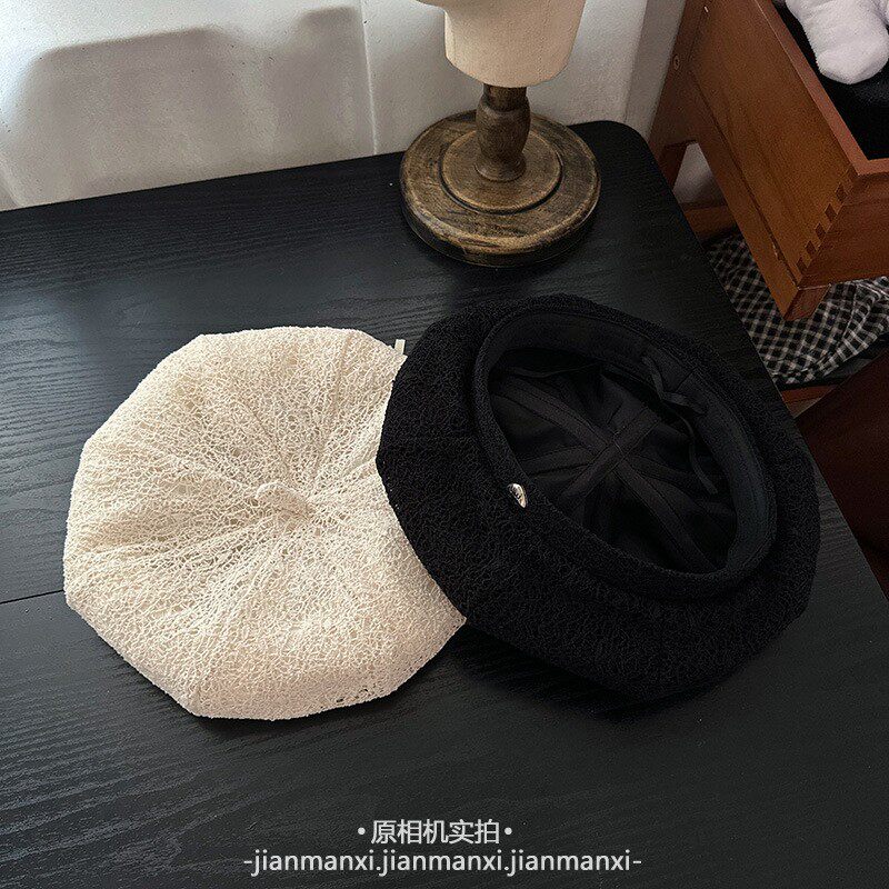 爱心标文艺简约纯色针织贝雷帽女透气显脸小画家帽韩系百搭蓓蕾帽