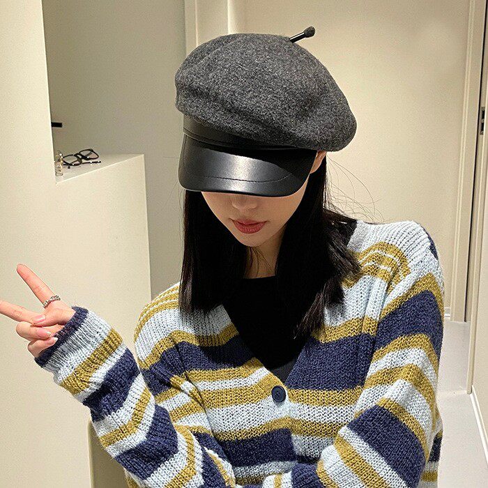 日本毛秋冬毛呢皮革英伦复古鸭舌八角帽女文艺贝雷帽百搭报童帽潮