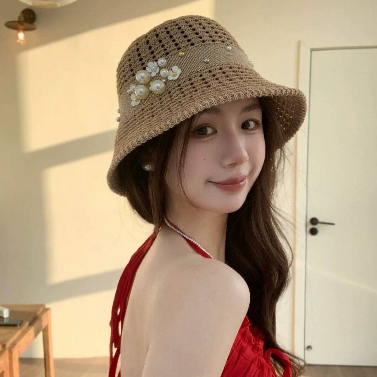 名媛风针织镂空渔夫帽女夏季珍珠装饰气质显脸小遮阳防晒盆帽春天