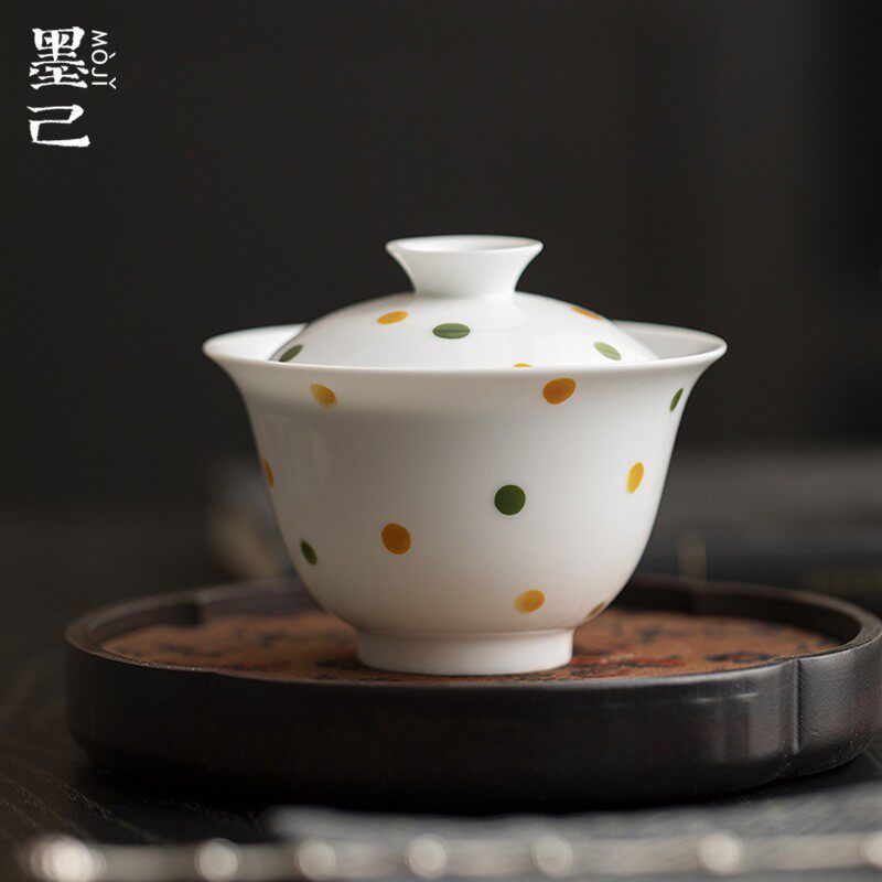 墨己玉泥白瓷手绘波点盖碗功夫茶具家用薄胎泡茶小茶碗创意盖碗