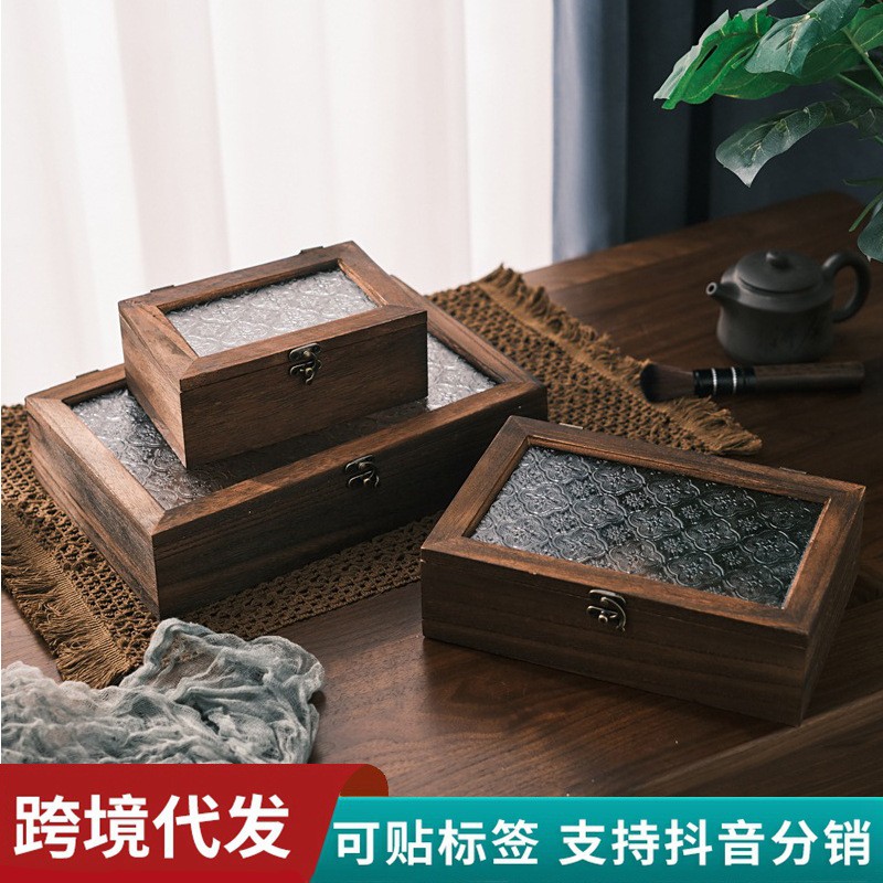 木质首饰盒复古杂物储物箱家用桐木防尘翻盖海棠花玻璃桌面收纳盒