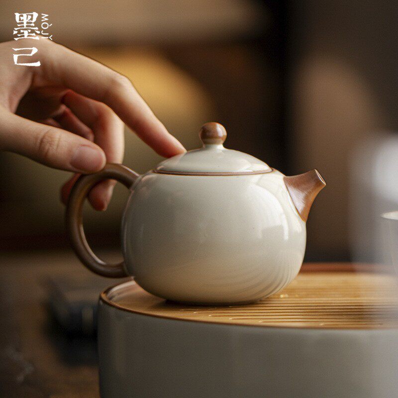 墨己汝窑米黄开片可养陶瓷茶壶功夫茶具家用手执壶西施壶泡茶壶