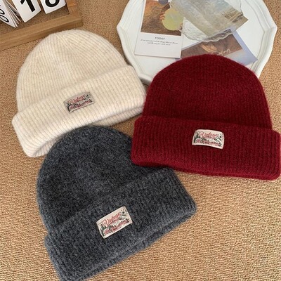 2025冬季新款美式显白酒红色针织帽女双层保暖冷帽滑雪大头毛线帽