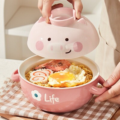 ZQ可爱泡面碗陶瓷带盖学生宿舍个人大容量高颜值双耳碗女E18