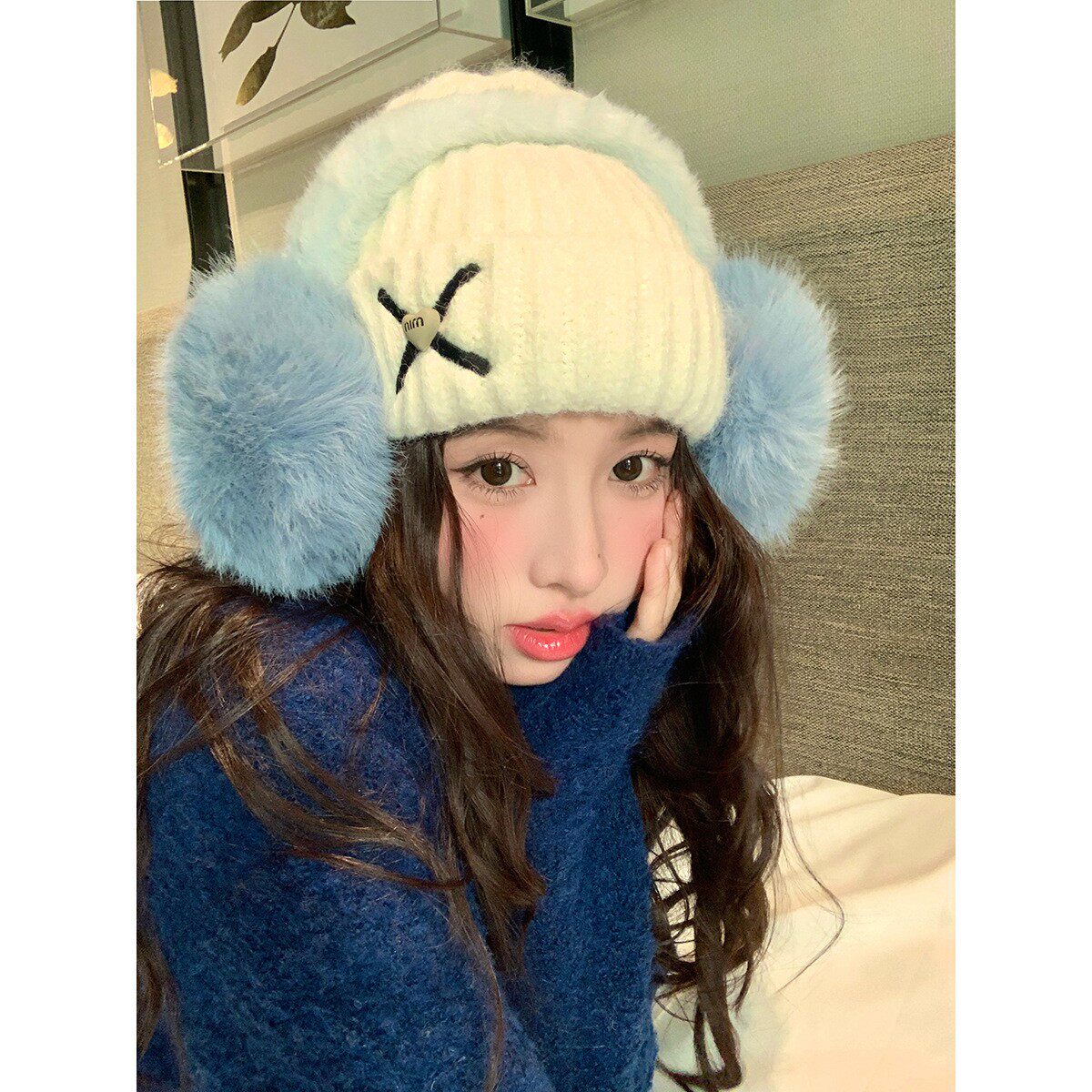馨帮帮 加厚保暖大头围毛线帽防冻护耳包头帽爱心毛绒针织帽女冬