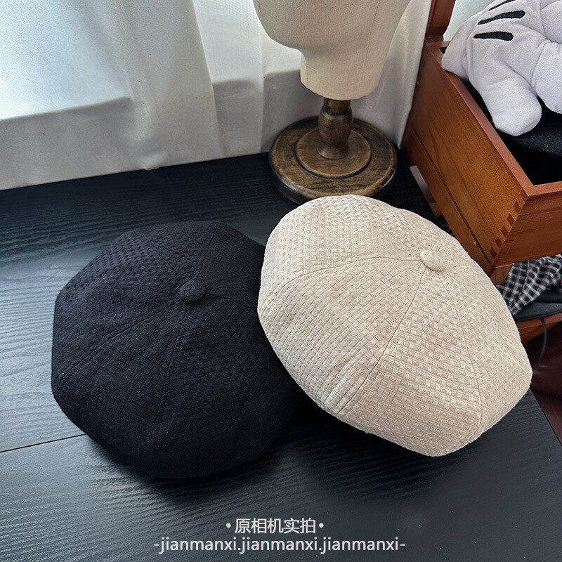 早春简约格纹肌理感时尚个性贝雷帽女新款纯色百搭南瓜帽蓓蕾帽