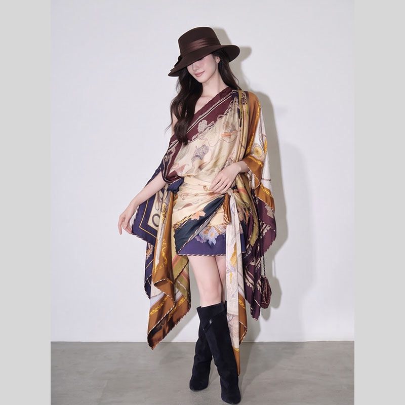 thumbnail for Pear Talk printed silk scarf patchwork asymmetrical shoulder dress for women, autumn irregular art suit dress, fashionable vintage set