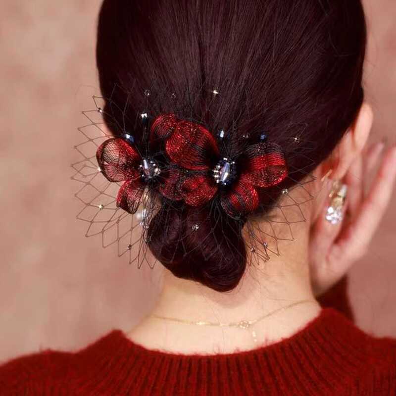 水晶手工双蝶发夹女高端弹簧夹盘发网纱发卡夹子头饰感一字夹