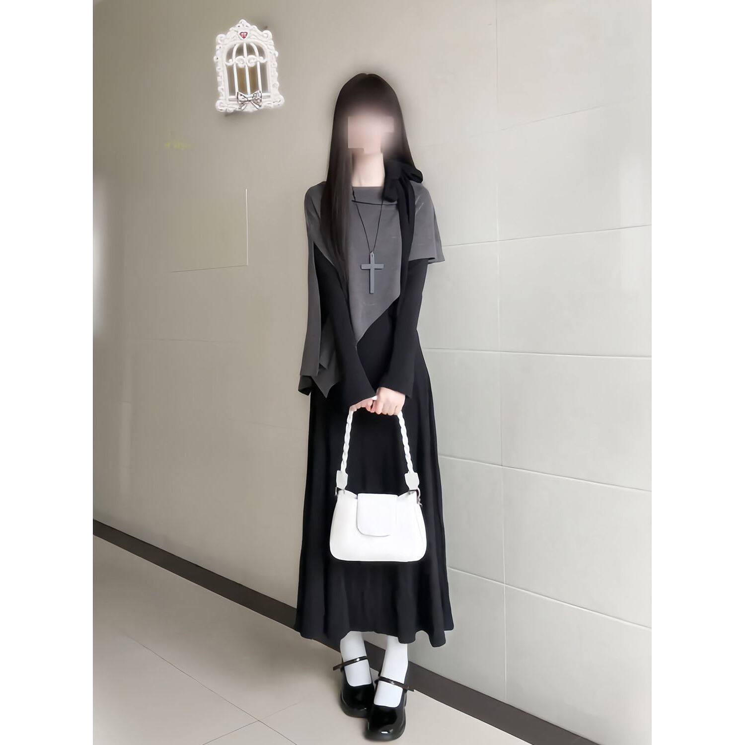 灰雾叙笺 古早韩系设计感不规则蝴蝶结披肩+修身气质连衣裙两件套