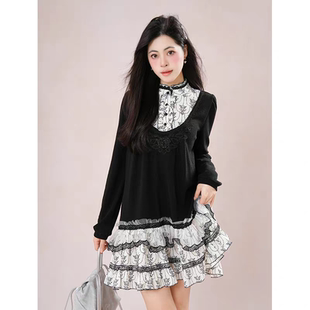 【柔雾茶歇】 日系vintage古着感拼接假两件短裙复古蕾丝边连衣裙