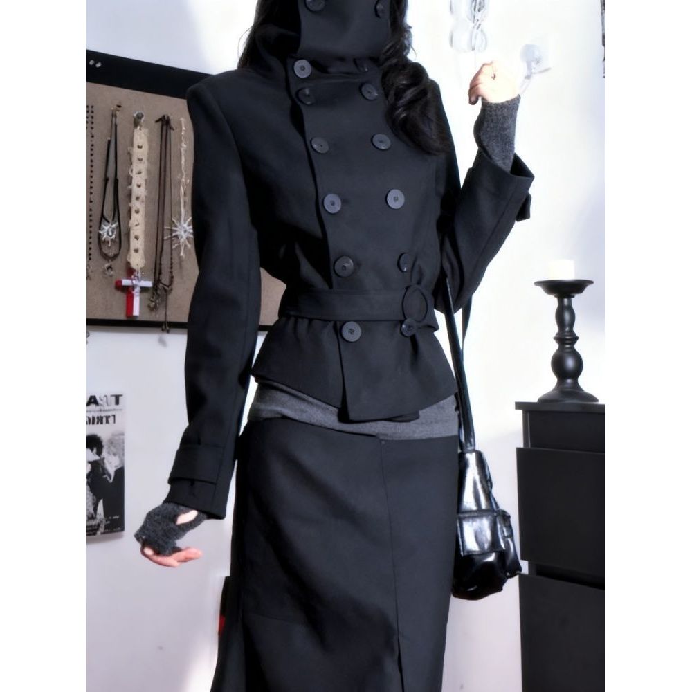 雾都契约日系古早味套装冬季新款立领双排扣外套气质半身裙两件套