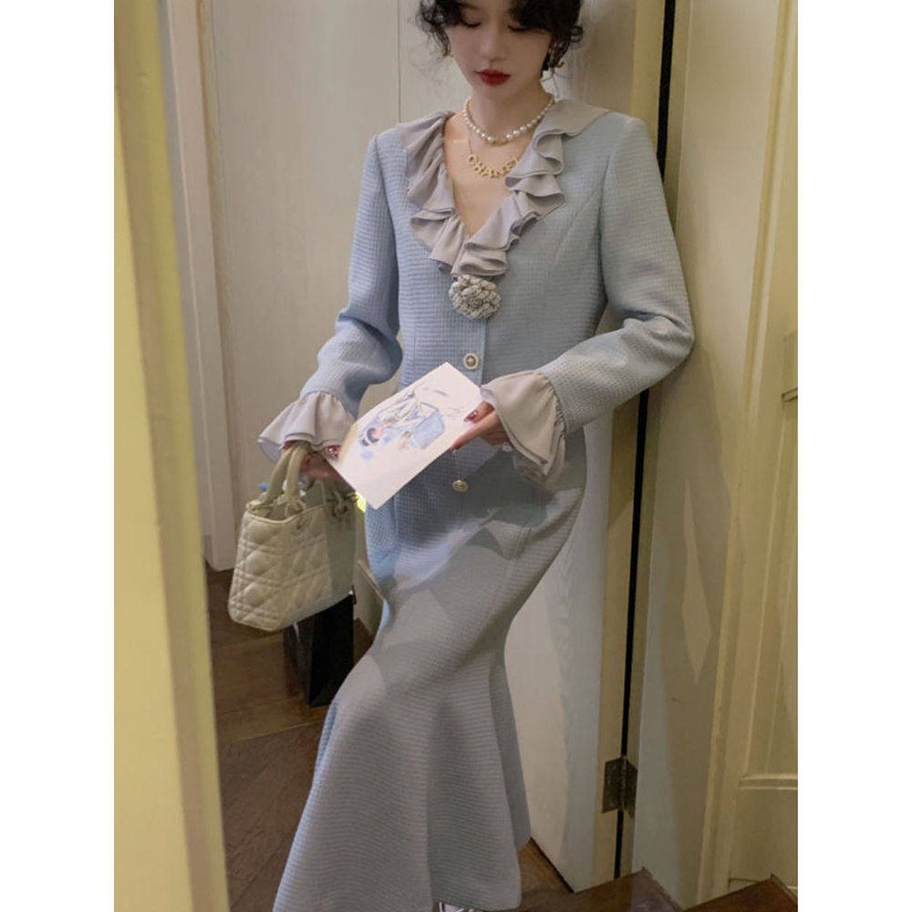 温柔爱神 早春miu系甜妹女神风套装小鱼尾半裙荷叶边上衣两件套女