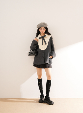 半季初雪 甜美少女感百搭蝴蝶结灰色拼接毛呢外套+半身裙两件套