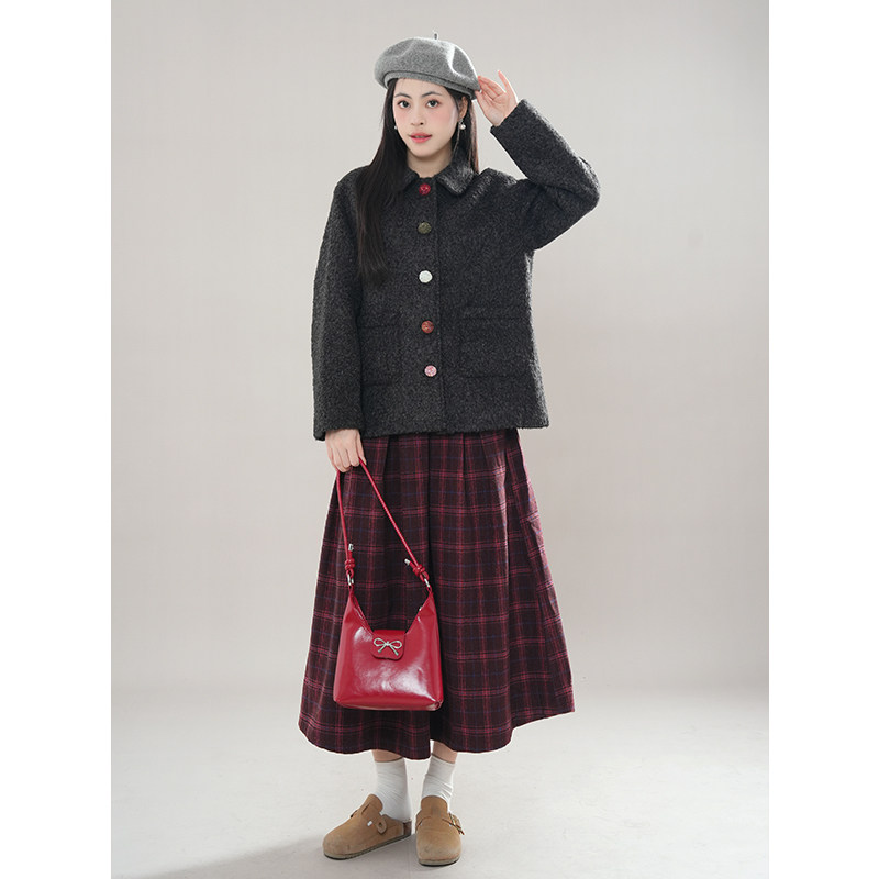 冬季甜美呢子外套+红格子呢子裙两件2024冬季新款甜美小个子套装