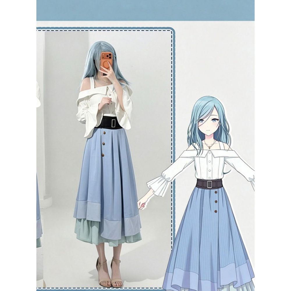 【日野森雫】世界计划日系cos服一字肩衬衫+双层拼色半身裙两件套图片
