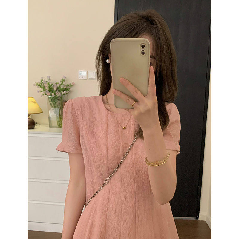 【樱花树下】韩系休闲慵懒简约风粉色连衣裙气质减龄中长款裙子夏