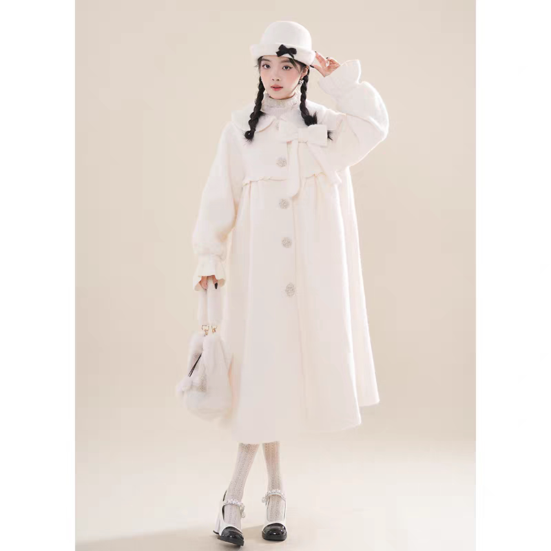 软妹蝴蝶结娃娃领白色毛呢大衣冬甜美少女日系学院风可爱加厚外套
