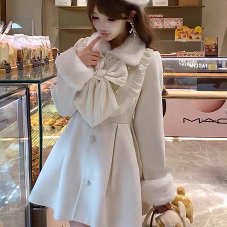 富家千金甜美气质毛呢外套女冬季设计感蝴蝶结收腰中长款呢子大衣