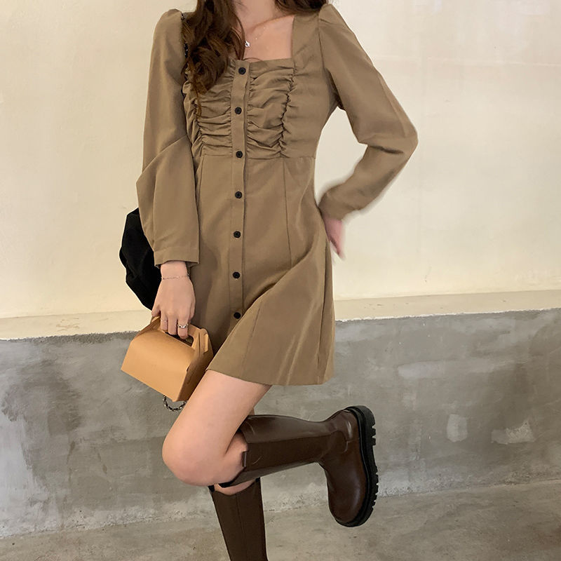 气质fu古方领连衣裙女压褶单排扣韩系收腰显瘦长袖A字西装裙