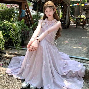 修身 连衣裙女夏季 显瘦气质长裙子 温柔高级感气质紫色挂脖无袖 法式