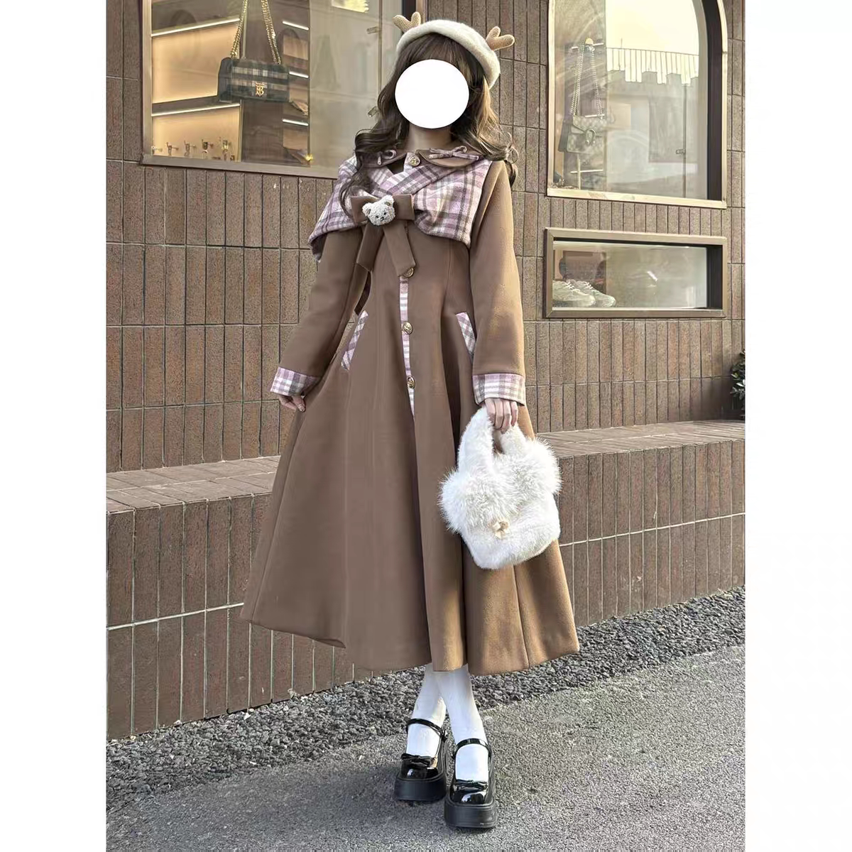 【曲奇慕斯】秋冬设计感优雅气质韩系小熊蝴蝶结拼接毛呢长款大衣