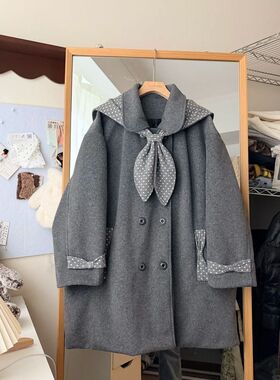 星结海灰 可拆卸兔耳小披肩+灰色毛呢外套两件套冬季新款学院风女