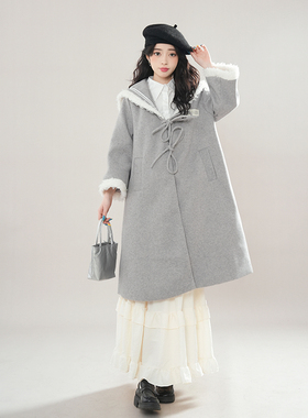 【冬日学院袍】秋冬奶灰色夹棉保暖毛呢大衣外套2024新款呢子外套