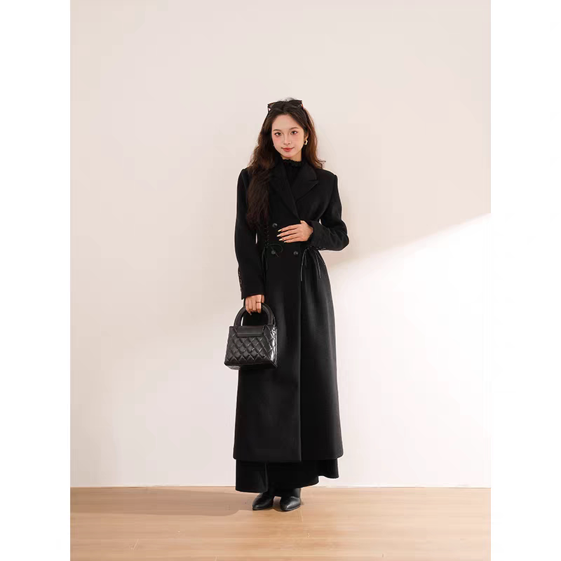 巴黎香颂 气质感留洋大小姐超模收腰绑带双排扣长款毛呢大衣外套