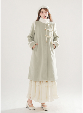 甜美可爱星星扣拼接毛呢外套女冬季新款复古绿色小个子呢子大衣潮