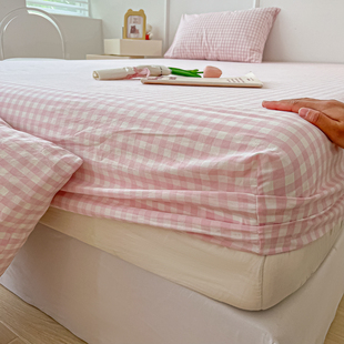 奶油风水洗棉床笠单件防滑床单三件套全包围床罩席梦思床垫保护套