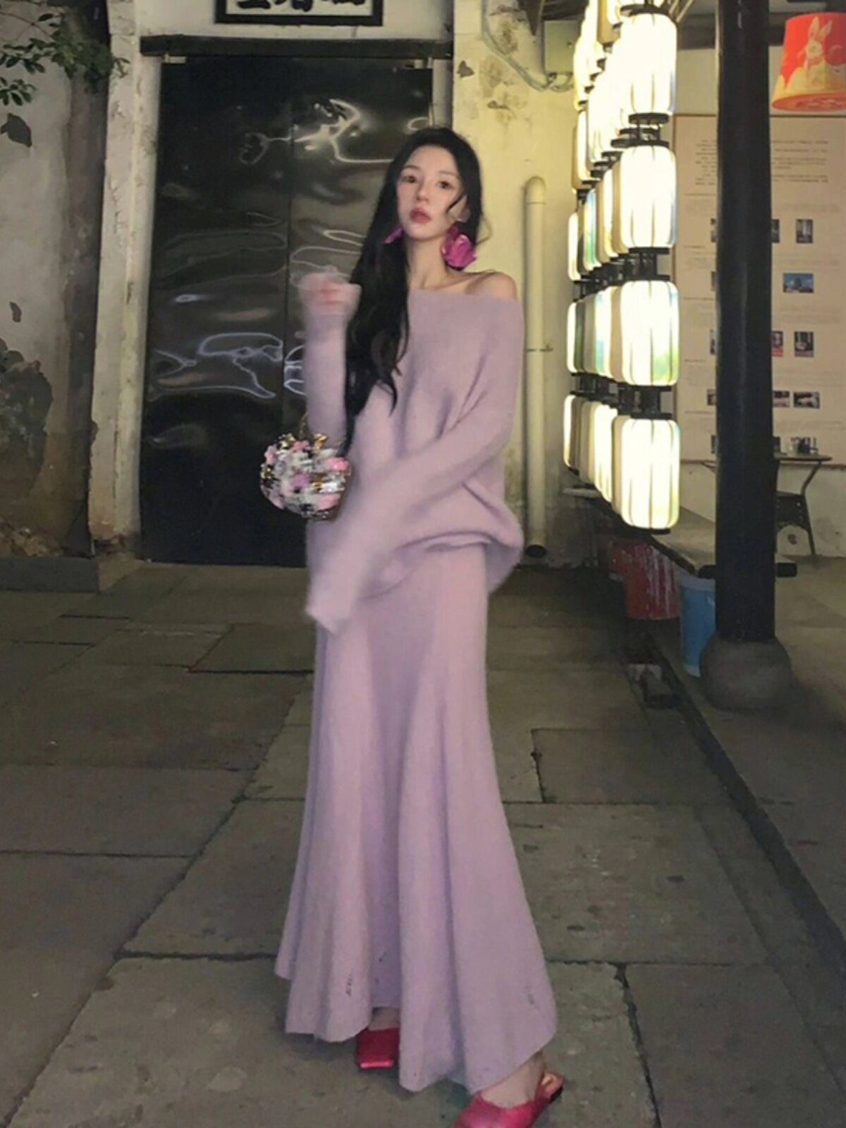 올해 인기 있는 아름다운 정장은 게으른 부드러운 보라색 풀오버 긴팔 하이웨이스트 피쉬테일 스커트 니트 여성용 투피스 세트입니다