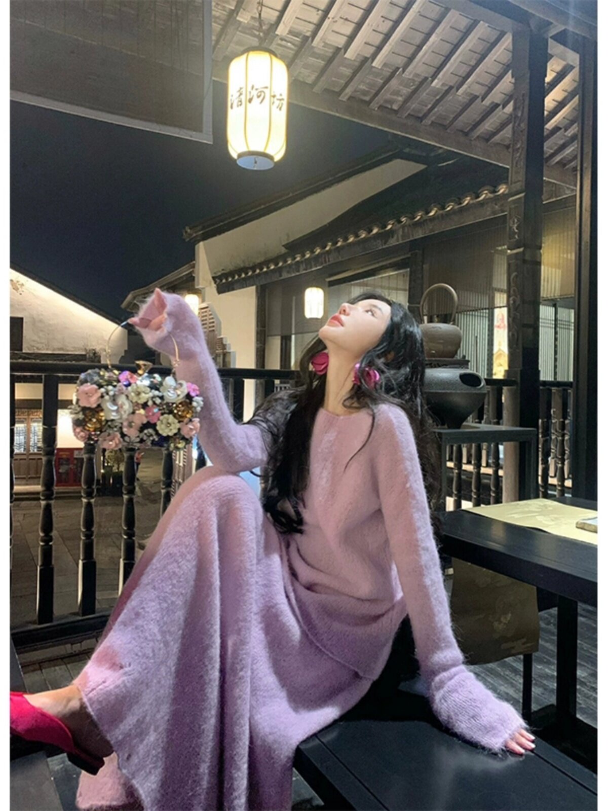 올해 인기 있는 아름다운 정장은 게으른 부드러운 보라색 풀오버 긴팔 하이웨이스트 피쉬테일 스커트 니트 여성용 투피스 세트입니다