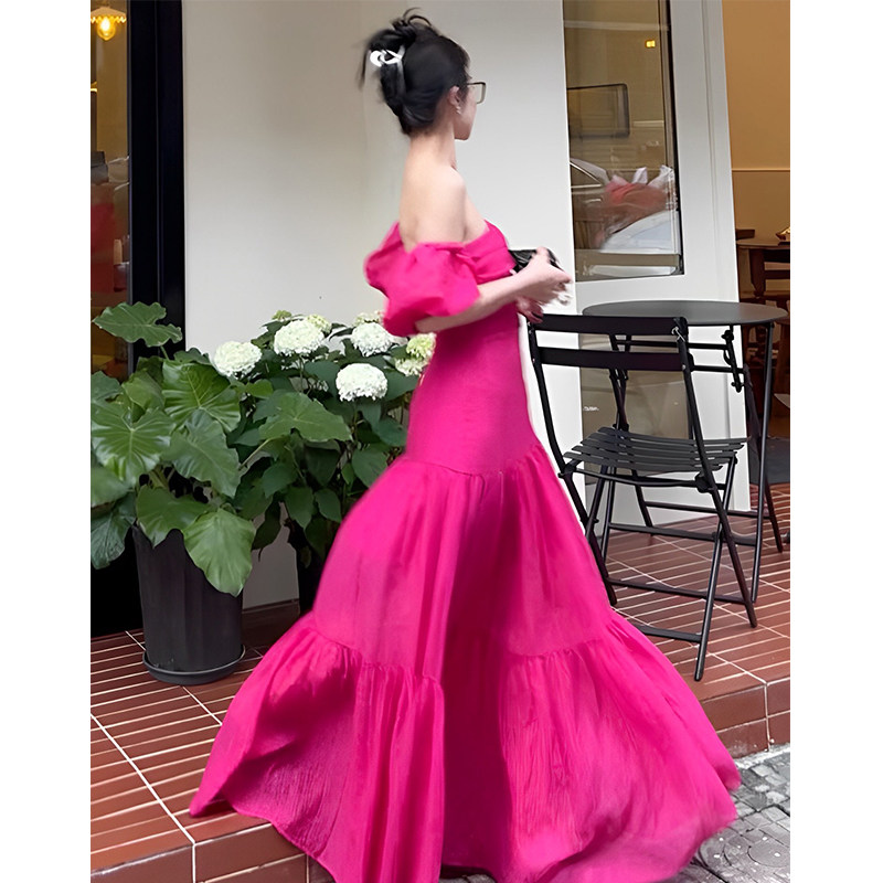 4212024 PURE DESIRE 섹시한 로즈 레드 원 숄더 튜브 탑 드레스 여성 여름 새로운 하이 웨이스트 슬림 롱 드레스