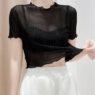 春夏网纱T恤女短袖 夏蕾丝上衣薄纱衣木耳边0322d 吊带裙内搭打底衫